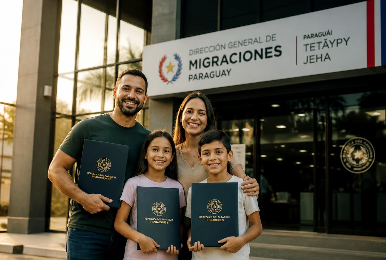 Família brasileira com pastas de documentos em frente a um prédio de migrações no Paraguai